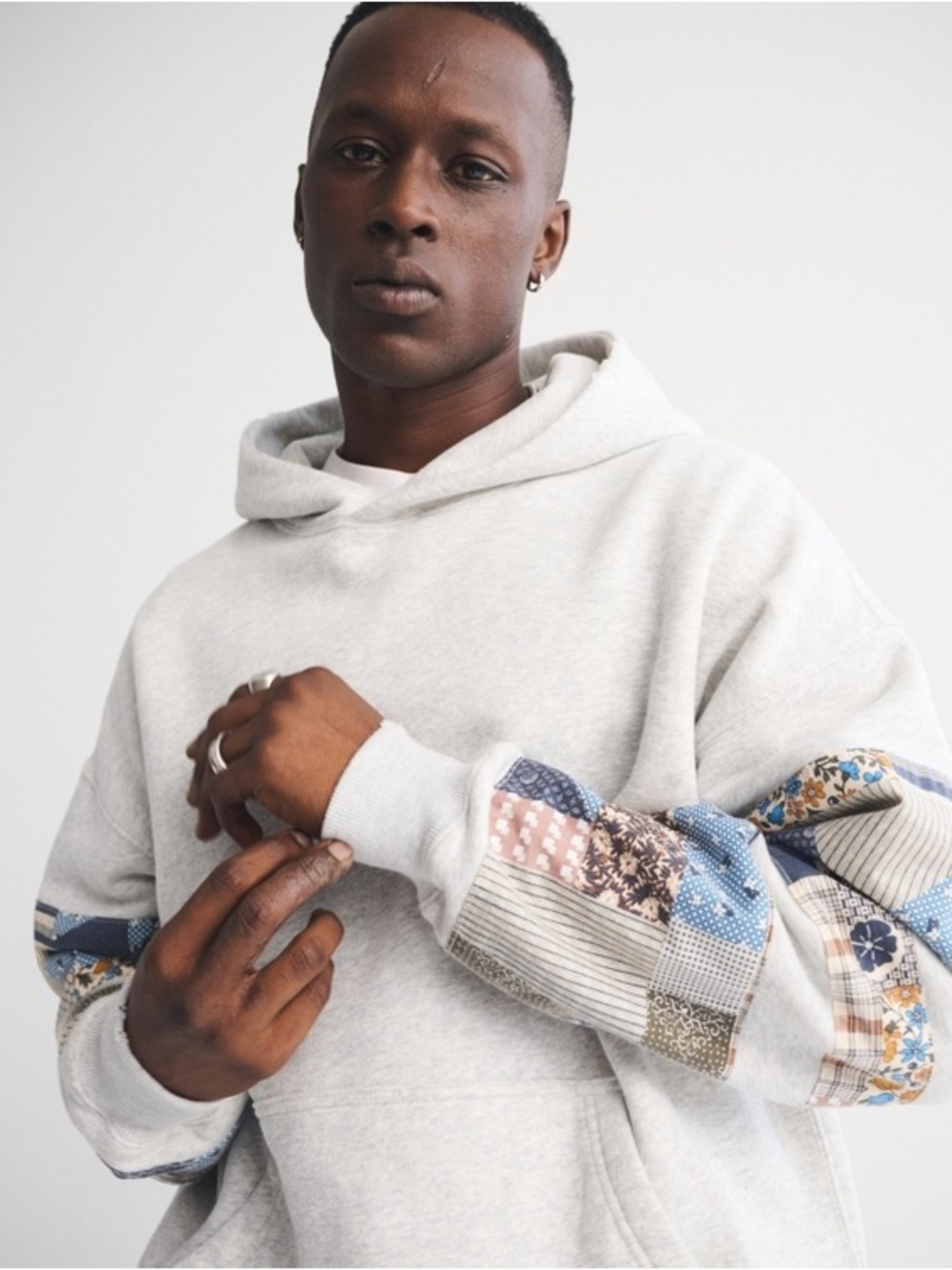 Light Gray Hoodie with Patchwork Sleeve Detail - Men's Shirt